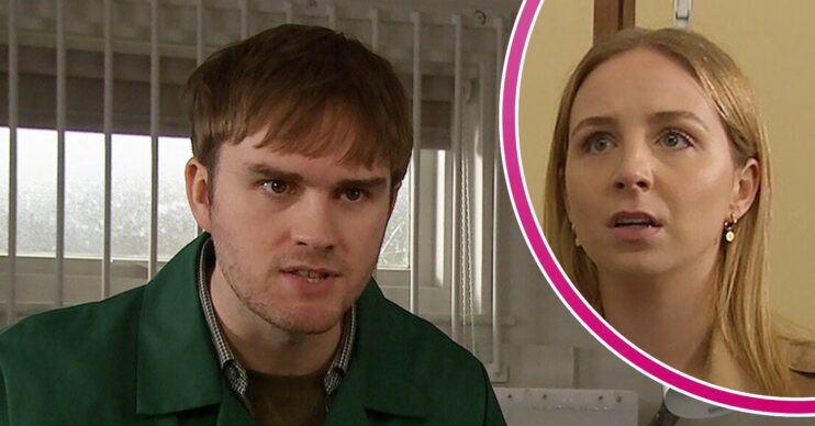 Tom looking angry on Emmerdale; inset, Belle looks worried (Credit: ITV/Composite: ED!)
