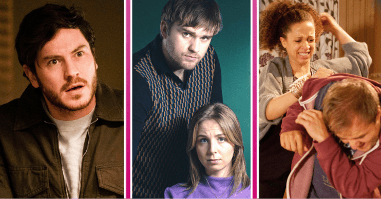 Domestic violence in soaps comp image: EastEnders' Gray, Emmerdale Tom and Belle and Coronation Street's Kirsty and Tyrone (Credit: BBC/ITV/Shutterstock/Comp ED!)