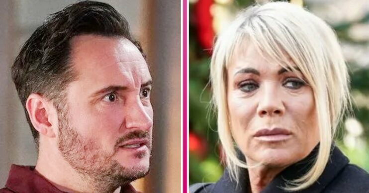 EastEnders: Martin and Sharon comp image - both are looking frustrated and worried (Credit: BBC/comp ED!)