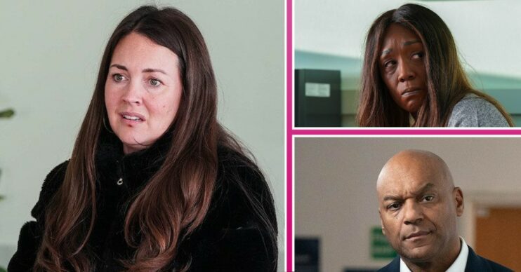 EastEnders spoilers first look comp image: Stacey, Denise, George (Credit: BBC/Comp ED!)