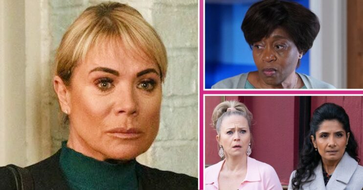 EastEnders spoilers for next week comp image: Sharon, Yolande, Linda, Suki (Credit: BBC/Comp ED!)