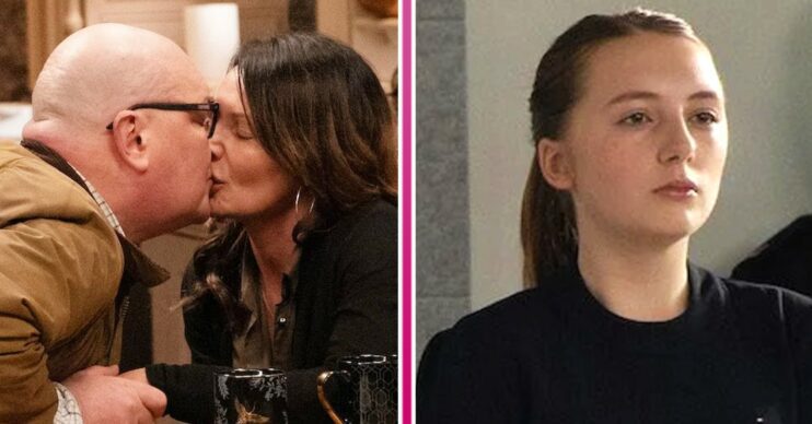 Emmerdale spoilers tonight comp image: Paddy and Chas kissing and Angelica (Credit: ITV/Comp ED!)