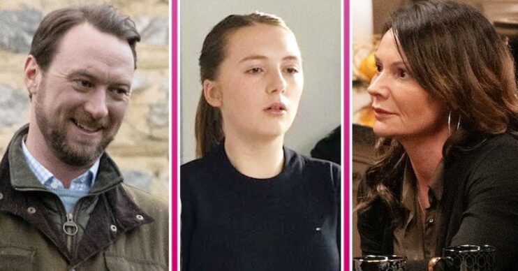 Emmerdale spoilers featured image: Comp pic of Liam, Angelica and Chas (Credit: ITV/Comp ED!)