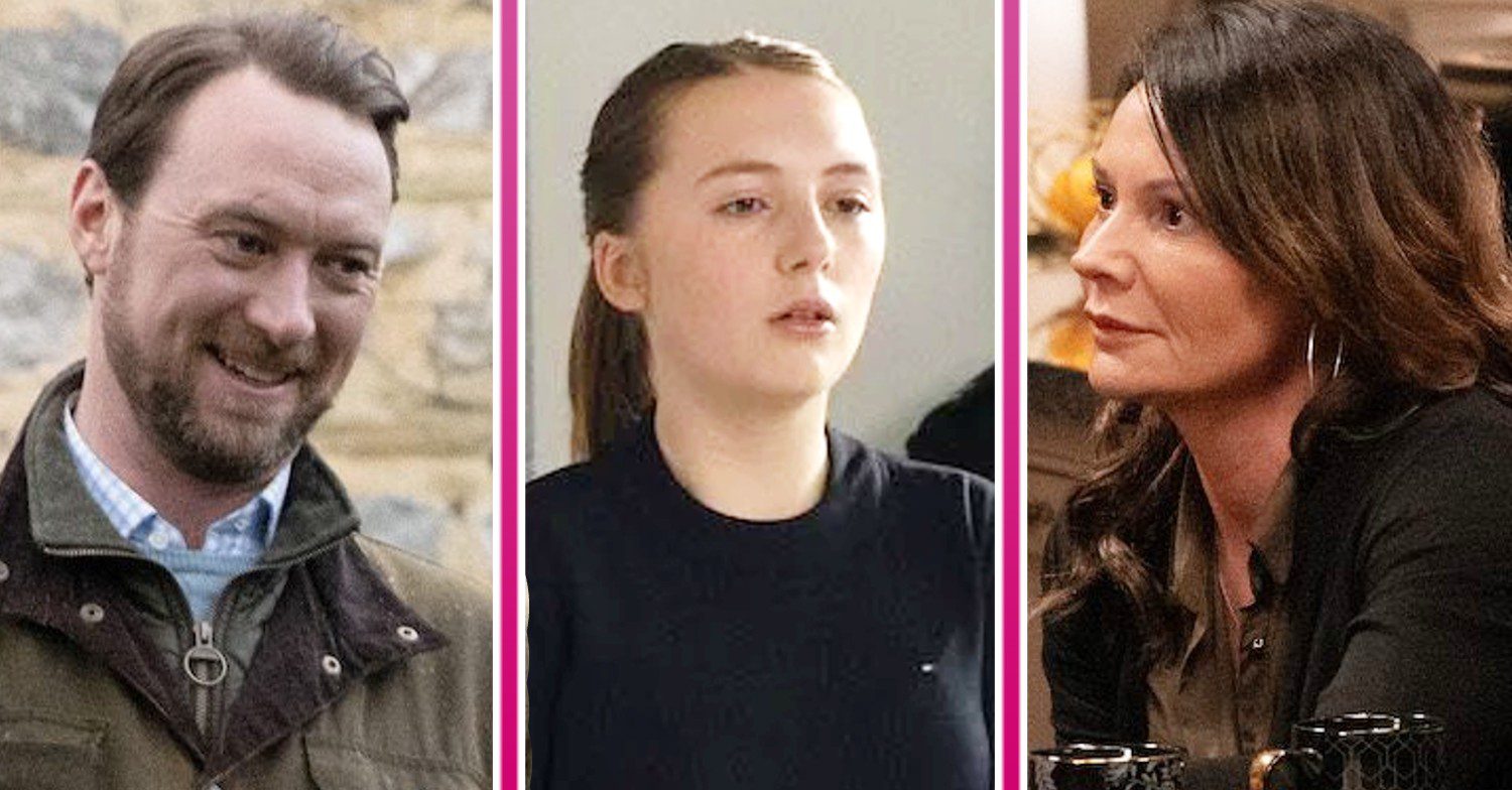 Emmerdale spoilers featured image: Comp pic of Liam, Angelica and Chas (Credit: ITV/Comp ED!)
