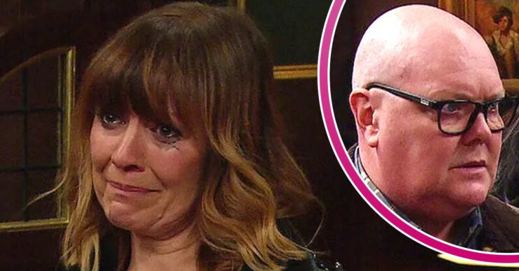 Emmerdale spoilers comp image: tearful Rhona and shocked Paddy (Credit: ITV/Comp ED!)