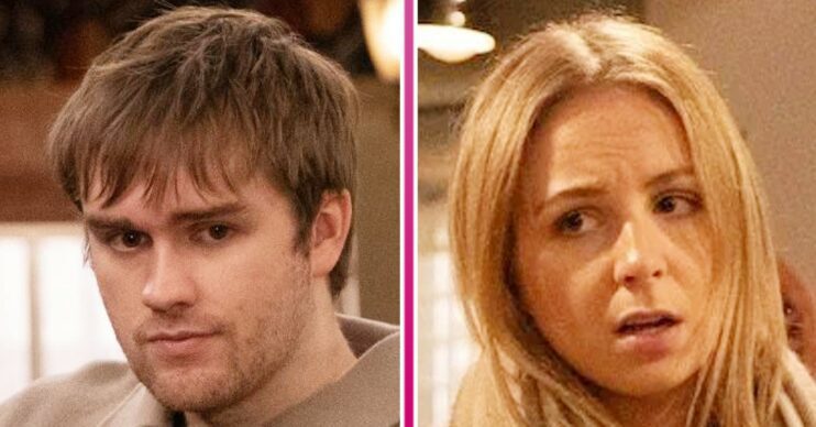 Emmerdale spoilers comp image: Tom and Belle King looking tense (Credit: ITV/Comp ED!)