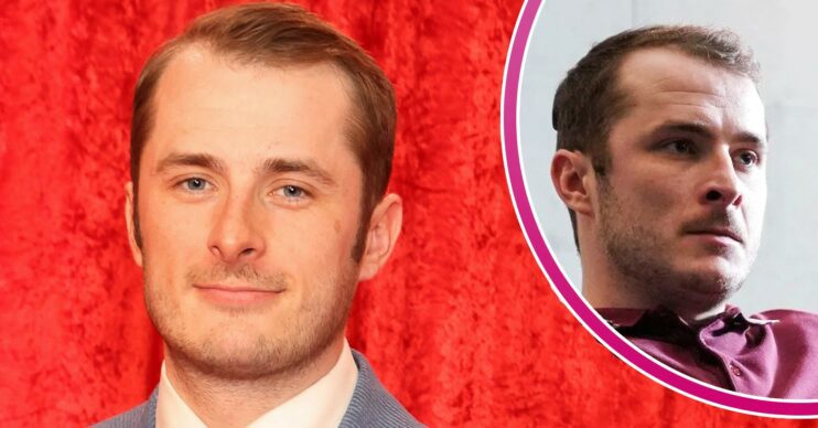 Max Bowden smiles with Ben Mitchell from EastEnders in a circle cut out in the top right-hand corner (Credit: Shutterstock/BBC/Comp ED!)