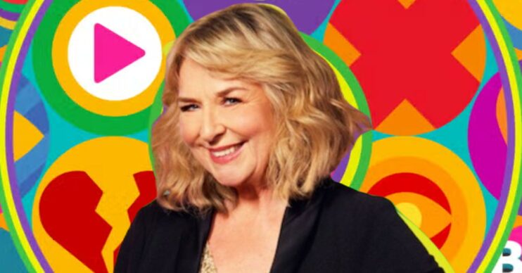 Fern Britton in front of Celebrity Big Brother logo