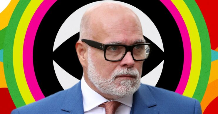 Gary Goldsmith in front of Celebrity Big Brother logo