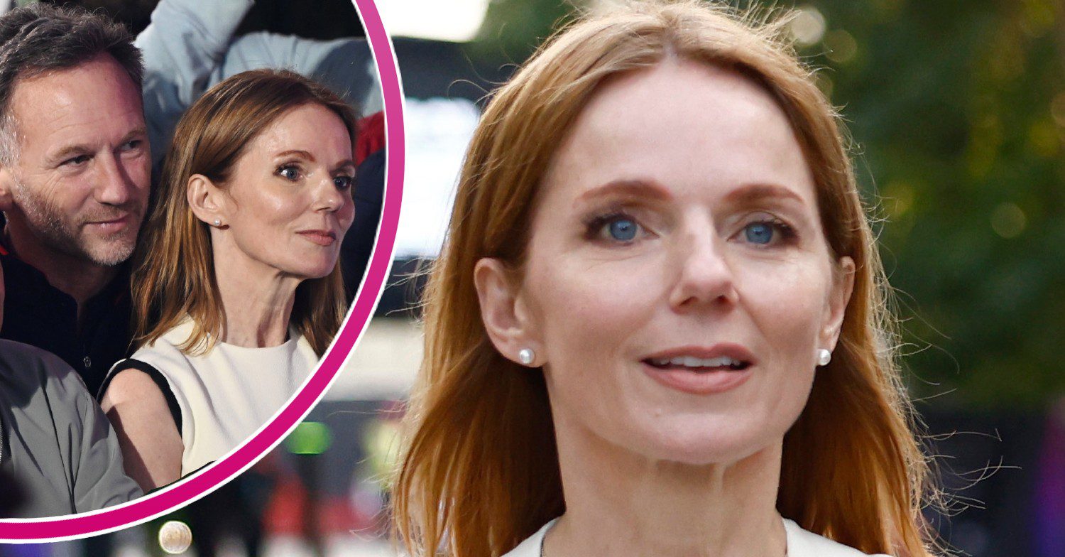 Geri Halliwell looking to camera and inset with husband Christian