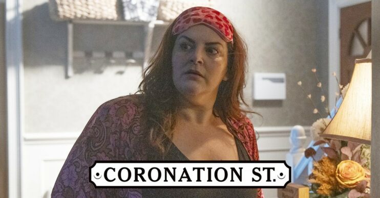 Glenda looking scared on Coronation Street; inset, soap logo (Credit: ITV/Composite: ED!)