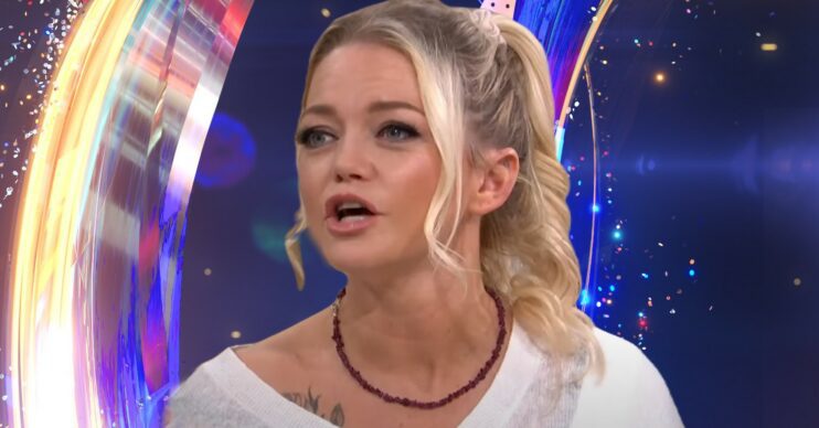 Hannah Spearritt in front of Dancing On Ice logo