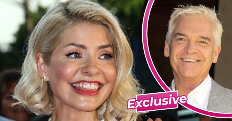 Holly Willoughby smiling and Phillip Schofield inset