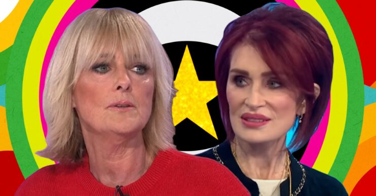 Jane Moore and Sharon Osbourne in front of Celebrity Big Brother logo