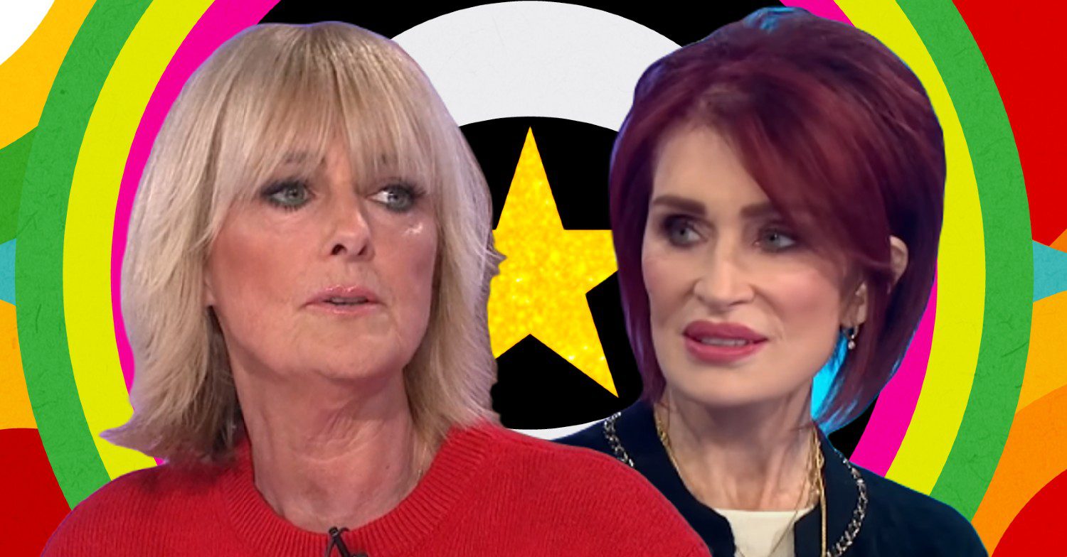 Jane Moore and Sharon Osbourne in front of Celebrity Big Brother logo