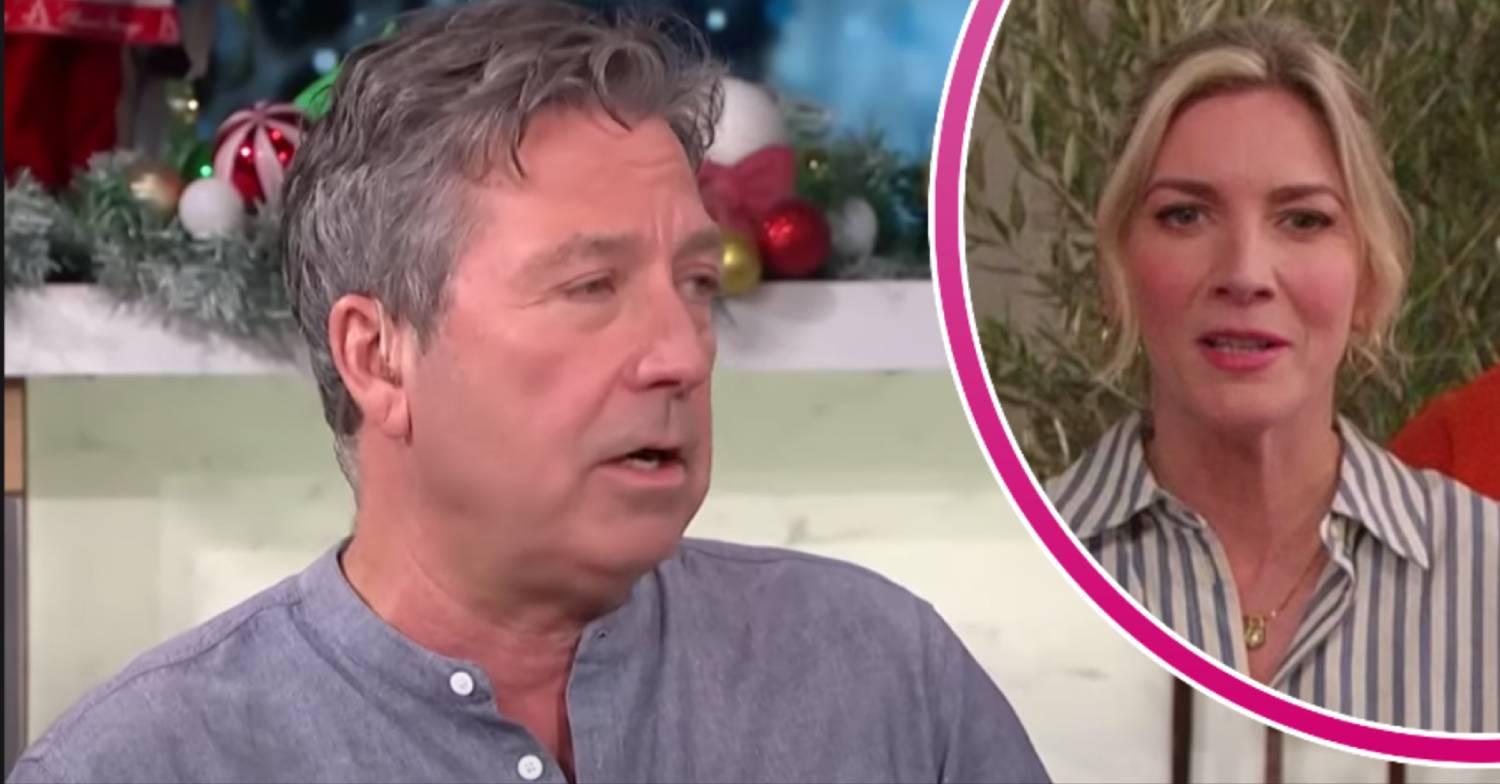 John Torode looks focused, Lisa Faulkner speaks to camera