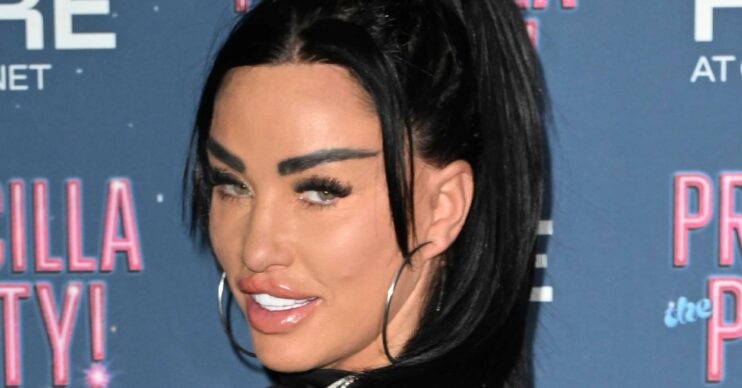 Katie Price with black hair looking to camera