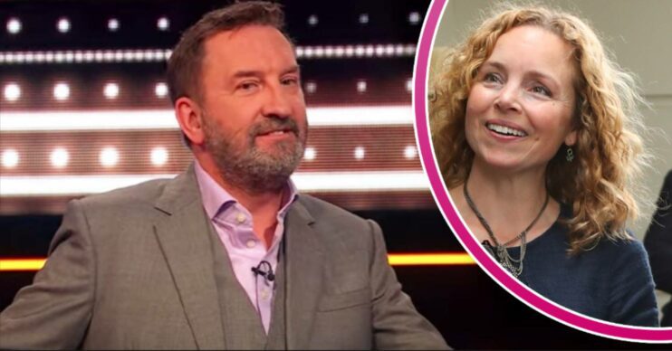 Lee Mack presenting The 1% Club, his wife Tara McKillop smiles