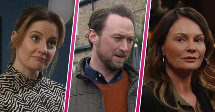 Composite image of Liam, Chas and Ella on Emmerdale (Credit: ITV/Composite: ED!)
