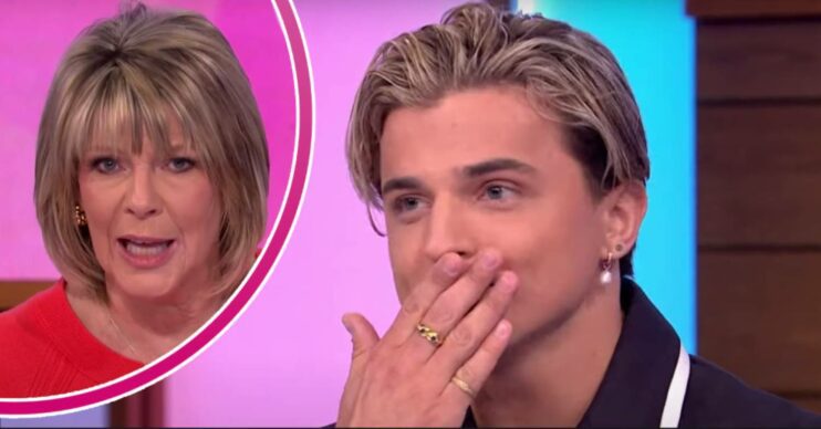 Ruth Langsford looks serious, Nikita Kuzmin covers his mouth with his hand on Loose Women today