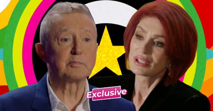 Louis Walsh and Sharon Osbourne in front of Celebrity Big Brother logo