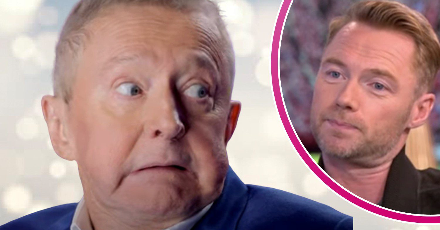 Louis Walsh looking shocked as he looks at Ronan Keating in bubble on sparkly background comp