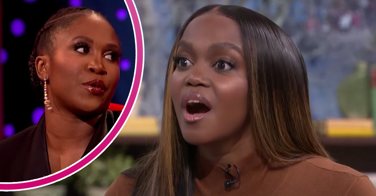 Motsi Mabuse looks to her side, Oti Mabuse looks surprised