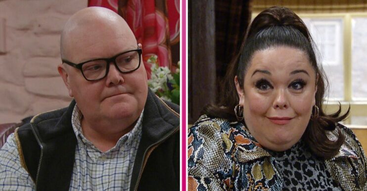 Composite image of Mandy and Paddy smiling on Emmerdale (Credit: ITV/Composite: ED!)