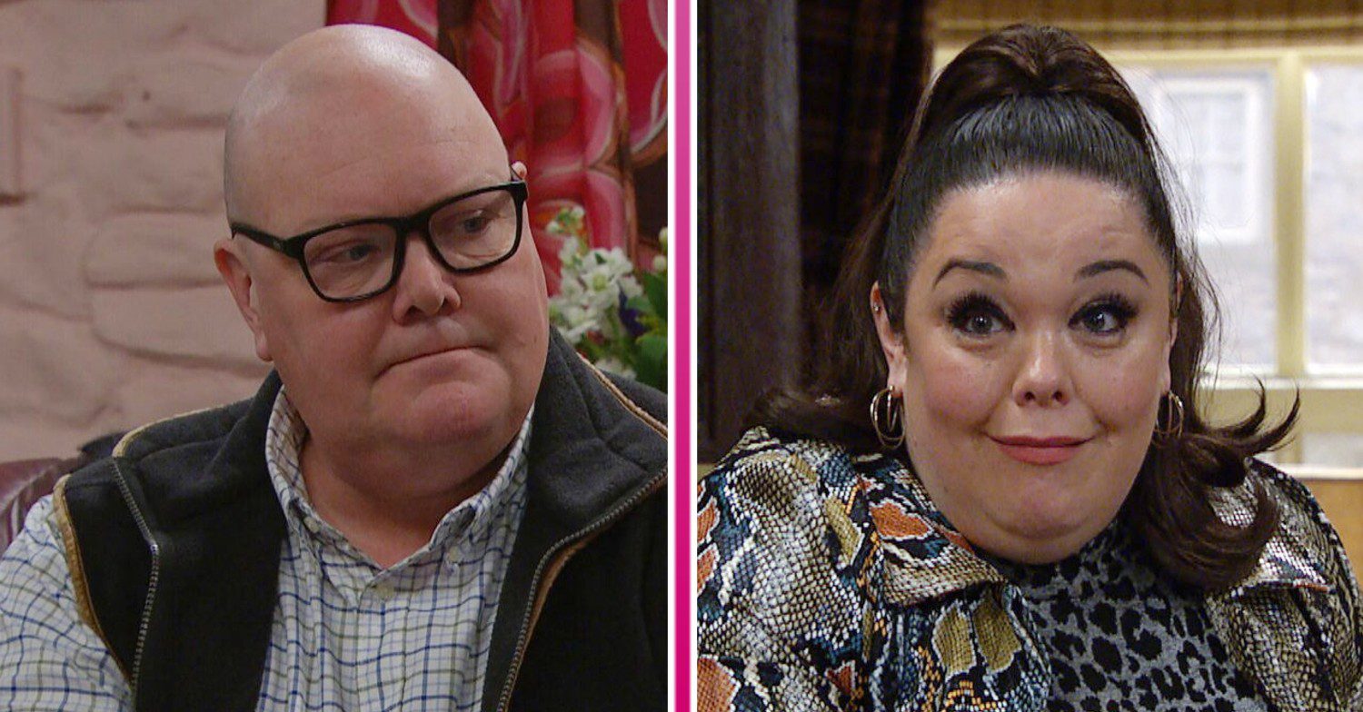 Composite image of Mandy and Paddy smiling on Emmerdale (Credit: ITV/Composite: ED!)