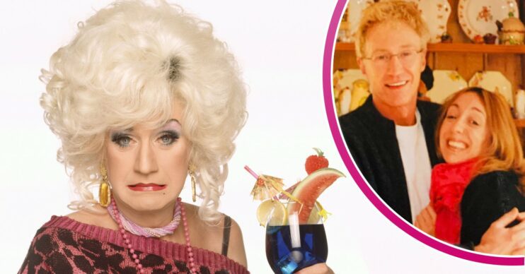 Lily Savage holding a cocktail and Paul O'Grady with daughter Sharon