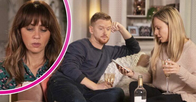 Gary and Sarah talking on the sofa on Corrie; inset, Maria looking worried (Credit: ITV/Composite: ED!)