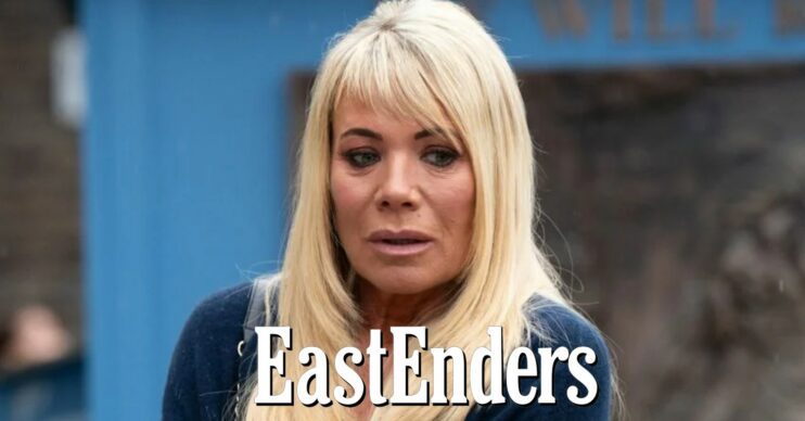 Sharon on EastEnders, looking worried; inset soap logo (Credit: BBC/Composite: ED!)