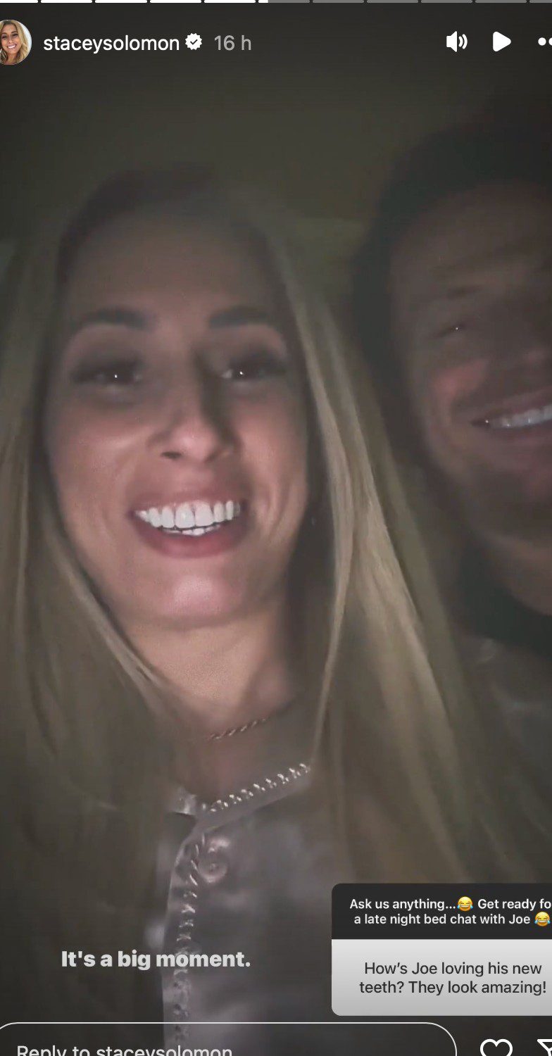 Stacey Solomon smiling for selfie video with Joe Swash for Instagram Q&A