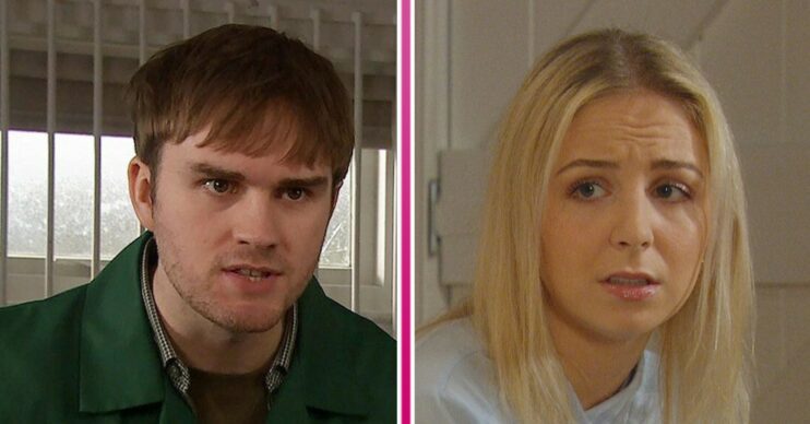 Composite image of Tom looking angry and Belle looking worried on Emmerdale (Credit: ITV/Composite: ED!)