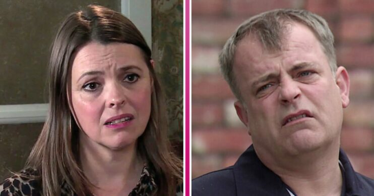 Composite image of Steve and Tracy on Coronation Street, both looking upset and confused (Credit: ITV/Composite: ED!)