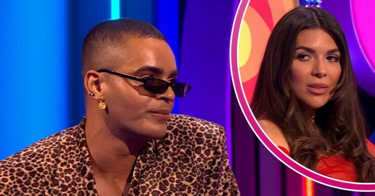 Layton Williams wearing leopard print and sunglasses on Late and Live / Ekin-Su looking to her right