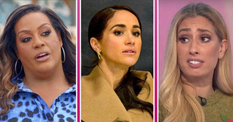 Alison Hammond looking sad / Meghan Markle looking concerned / Stacey Solomon looking sad