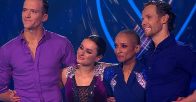 Simon Proulx-Sénécal, Amber Davies, Adele Roberts, Mark Hanretty smiling on Dancing On ice tonight