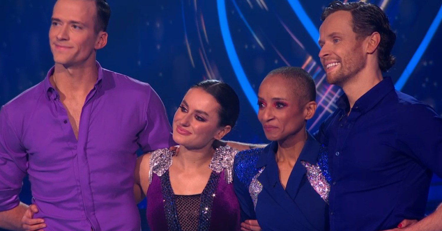 Simon Proulx-Sénécal, Amber Davies, Adele Roberts, Mark Hanretty smiling on Dancing On ice tonight