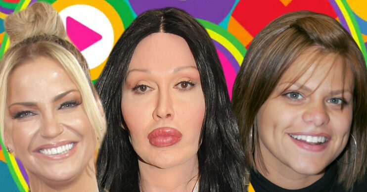 Sarah Harding smiling, Pete Burns gazing in front, Jade Goody smiling