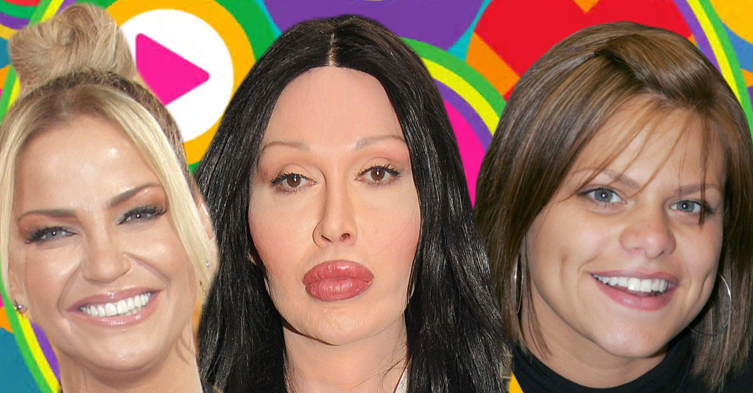 Sarah Harding smiling, Pete Burns gazing in front, Jade Goody smiling