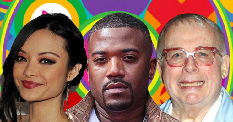 Tila Tequila, Ray J, and Christopher Biggins in front of Celebrity Big Brother logo