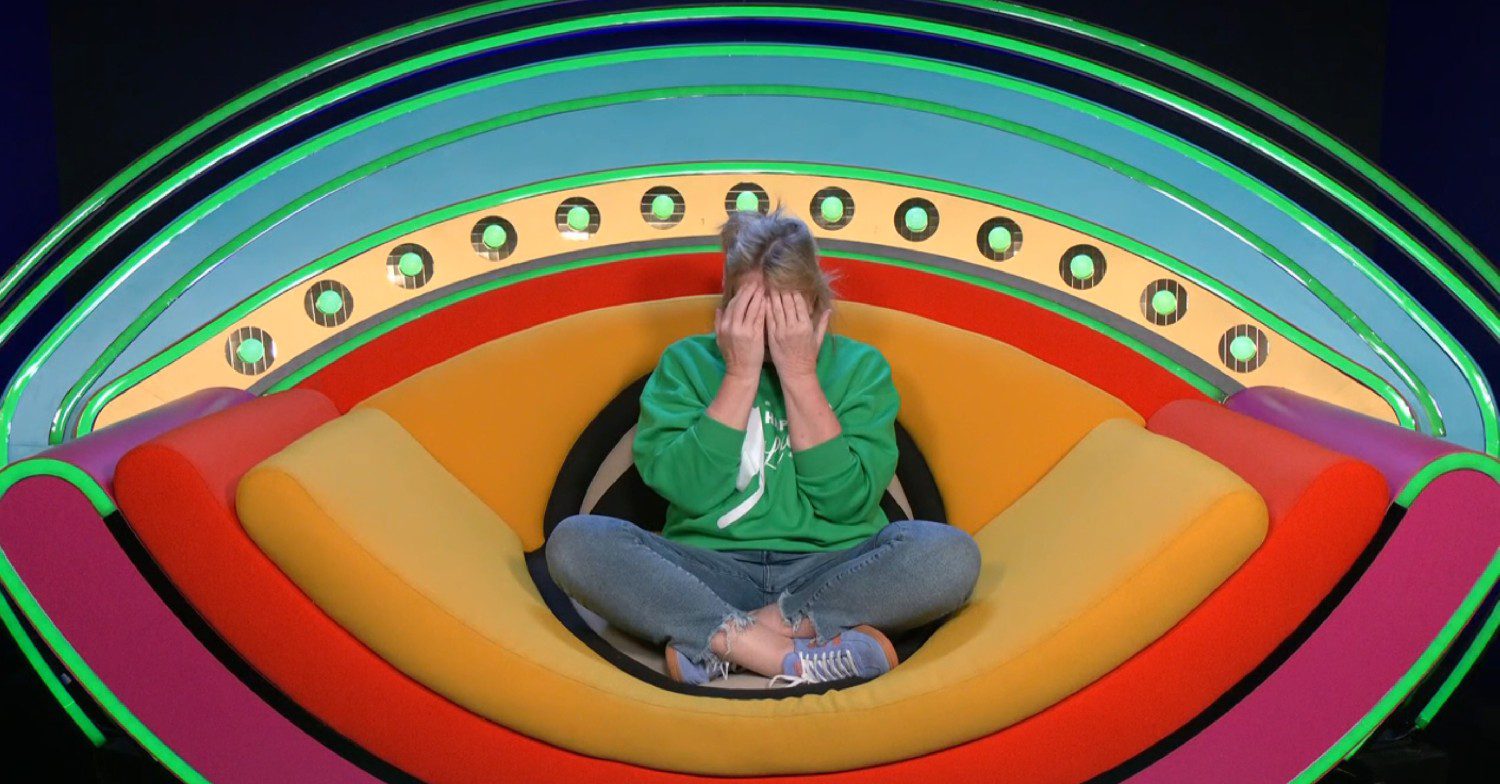 Fern Britton covering her face with her hands in the diary room on Celebrity Big Brother