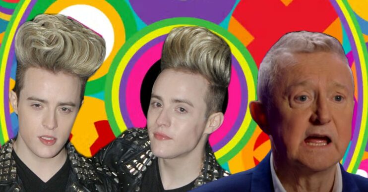 Jedward and Louis Walsh in front of Celebrity Big Brother logo