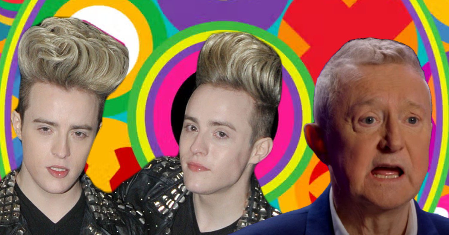 Jedward and Louis Walsh in front of Celebrity Big Brother logo