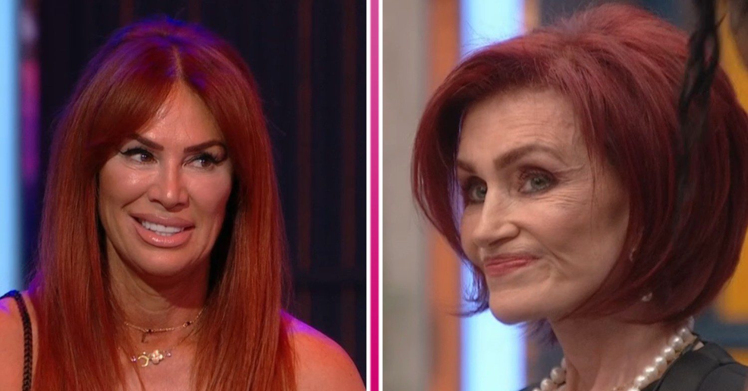 Lauren Simon smiling / Sharon Osbourne looking sad on celebrity big brother