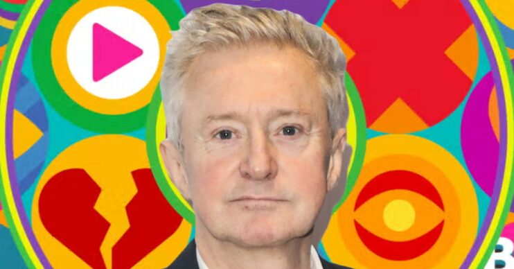 Louis Walsh gazing in front of Celebrity Big Brother logo