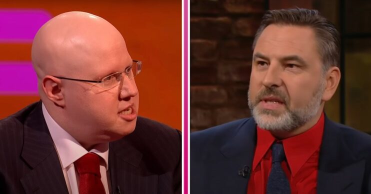 Matt Lucas looking angry on the Graham Norton Show / David Walliams looking angry on The Late Late Show