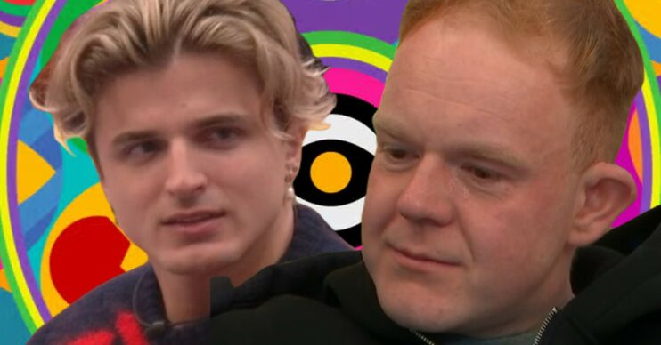 Nikita Kuzmin and Colson Smith in front of Celebrity Big Brother logo