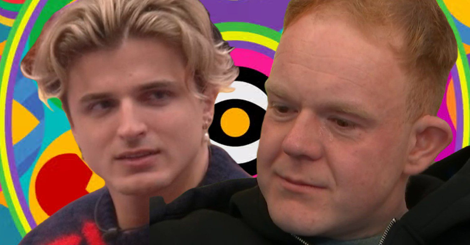 Nikita Kuzmin and Colson Smith in front of Celebrity Big Brother logo